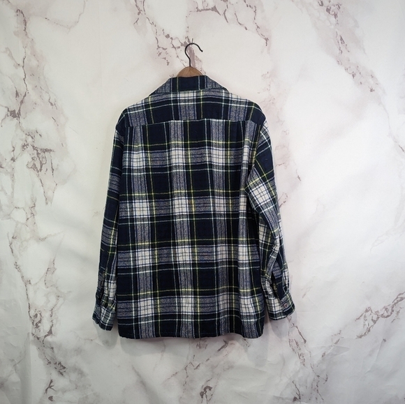 JC Penney Vintage Wool Button Up Shirt Size Large Men 70s Flannel Black Blue - Picture 6 of 12